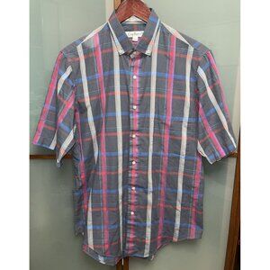 Cacharel Mens Vintage Blue Plaid Button Down Short Sleeve Collared Shirt Size M